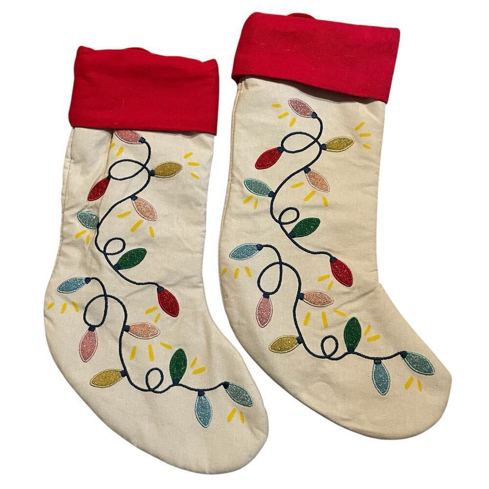 Wondershop by Target pair of Christmas stockings embroidered lights canvas
